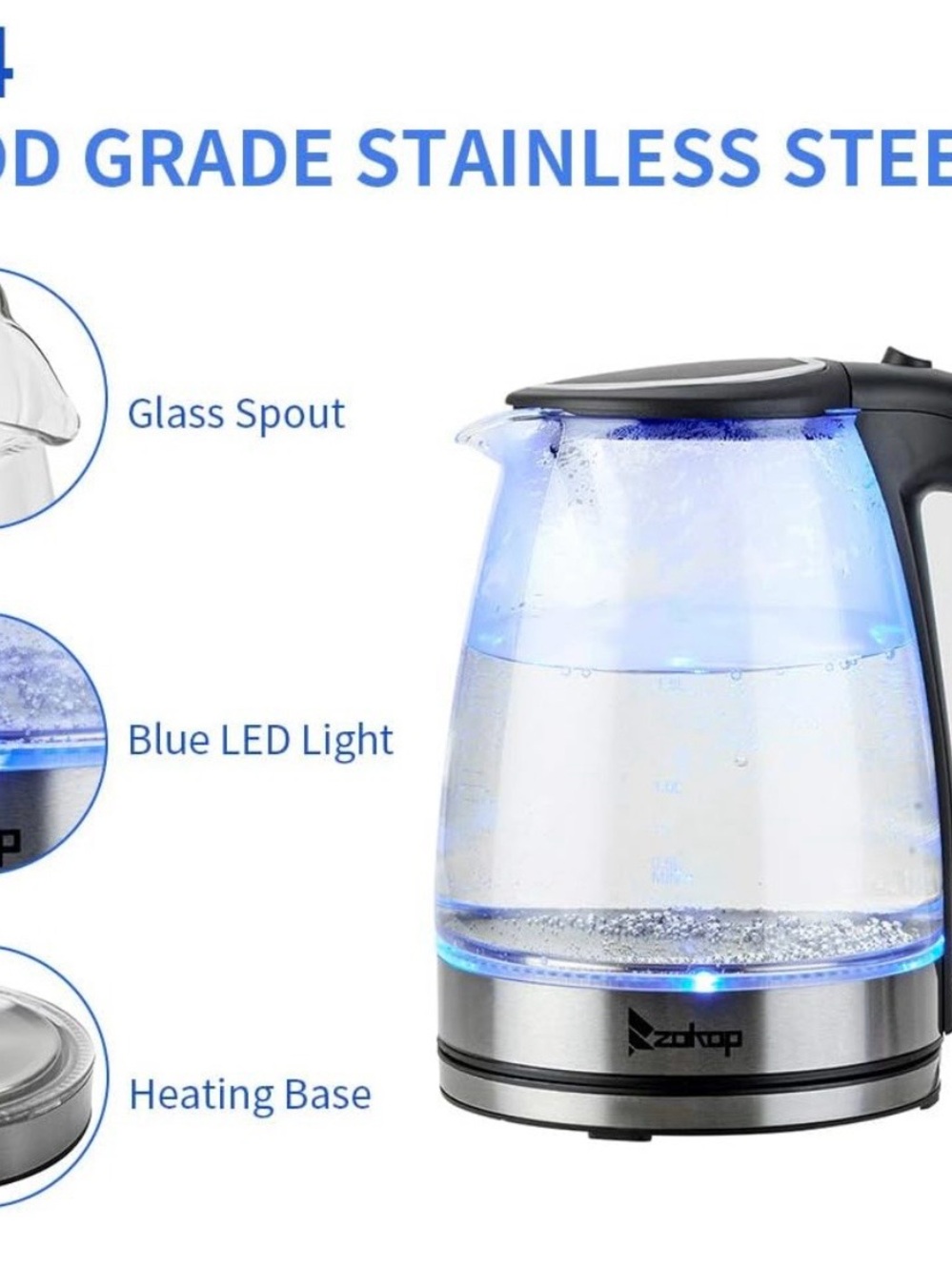 New Zokop Electric Glass Hot water Tea Kettle 1500W 1.8L Black Stainless Steel - Picture 11 of 12